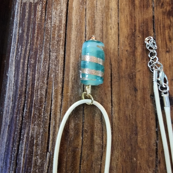 Handmade Beige cord Necklace with aqua clear and gold bead - Picture 2 of 4